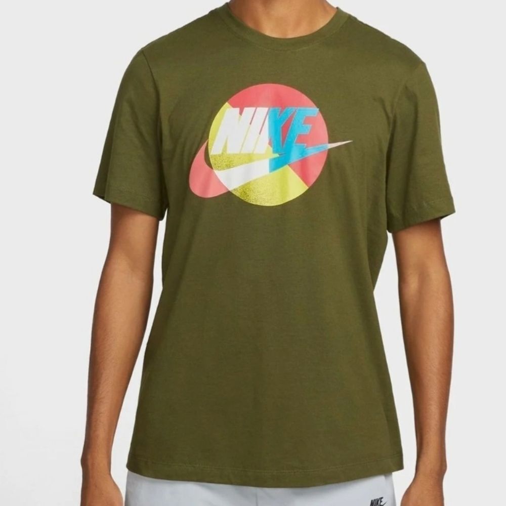 The Nike Tee by Nike with swoosh mens Medium olive green multicolored swoosh